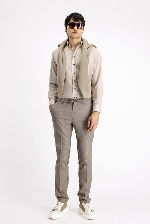 Light Brown 7 Drop Super Slim Fit Extra Narrow Cut Elastic Waist Drawstring Patterned Lycra Classic Fabric Trousers