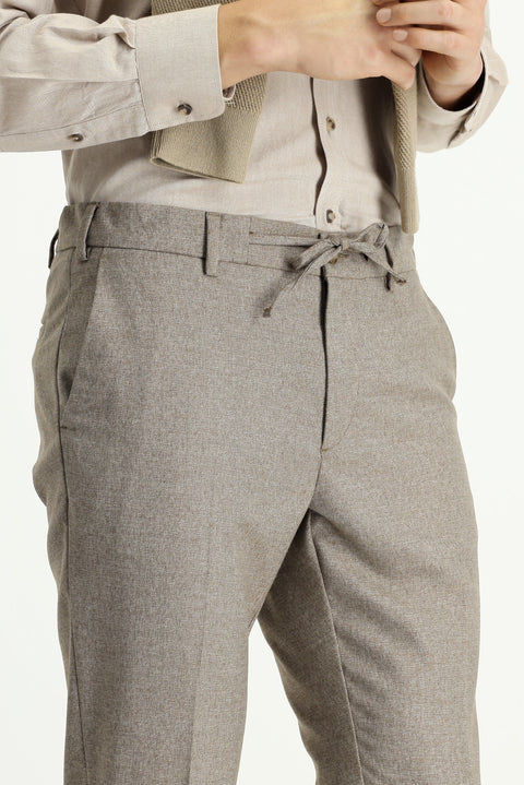Light Brown 7 Drop Super Slim Fit Extra Narrow Cut Elastic Waist Drawstring Patterned Lycra Classic Fabric Trousers