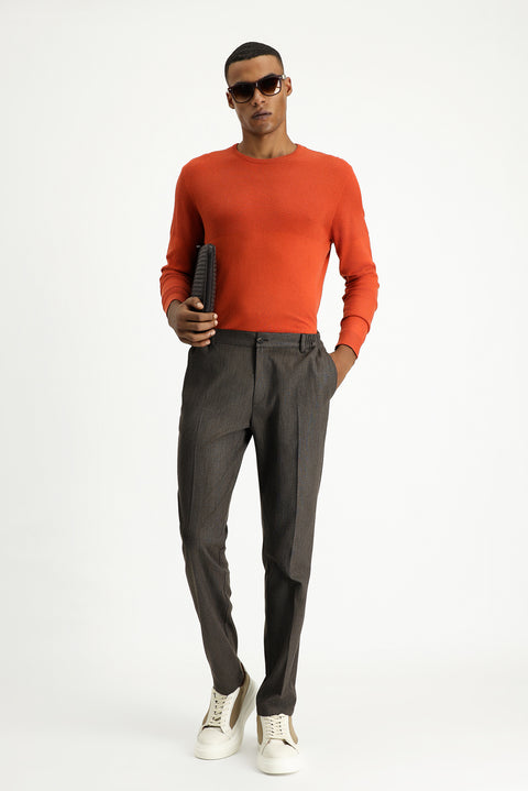 Dark Brown 7 Drop Super Slim Fit Extra Narrow Cut Elastic Waist Lycra Classic Fabric Trousers