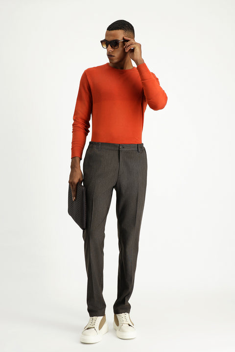 Dark Brown 7 Drop Super Slim Fit Extra Narrow Cut Elastic Waist Lycra Classic Fabric Trousers