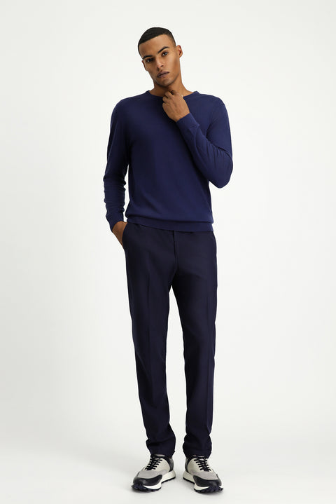 Dark Navy 7 Drop Super Slim Fit Extra Narrow Cut Lycra Elastic Waist Drawstring Classic Fabric Trousers