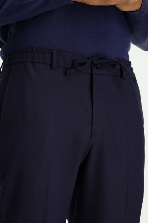 Dark Navy 7 Drop Super Slim Fit Extra Narrow Cut Lycra Elastic Waist Drawstring Classic Fabric Trousers