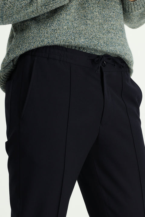 Dark Navy 7 Drop Slim Fit Classic Trousers with Elastic Waistband and Drawstring (Lycra)