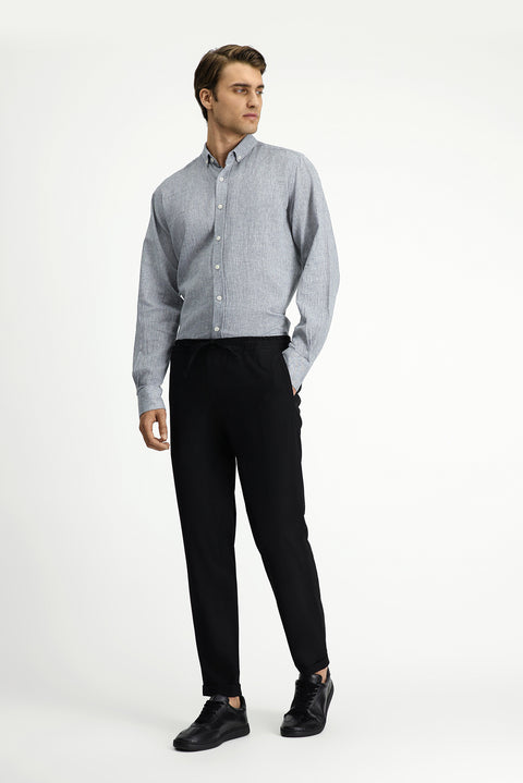 Siyah 7 Drop Slim Fit Dar Kesim Likralı Beli Lastikli İpli Klasik Kumaş Pantolon