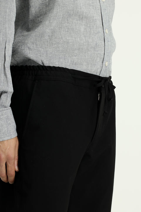 Siyah 7 Drop Slim Fit Dar Kesim Likralı Beli Lastikli İpli Klasik Kumaş Pantolon
