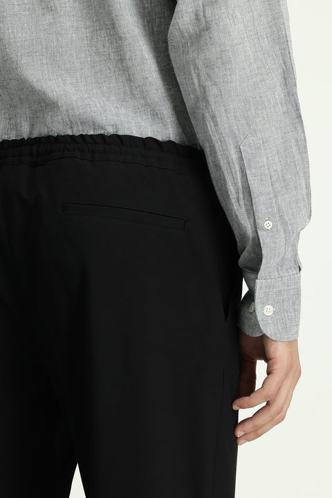 Siyah 7 Drop Slim Fit Dar Kesim Likralı Beli Lastikli İpli Klasik Kumaş Pantolon