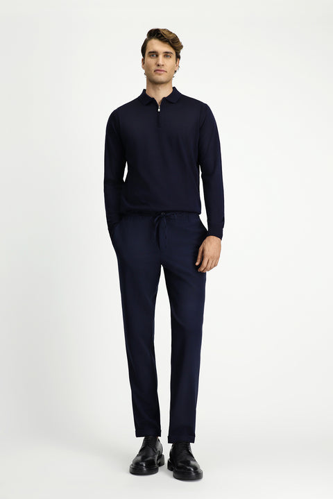Dark Navy 7 Drop Slim Fit Narrow Cut Lycra Elastic Waist Drawstring Classic Fabric Trousers