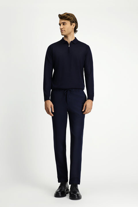 Dark Navy 7 Drop Slim Fit Narrow Cut Lycra Elastic Waist Drawstring Classic Fabric Trousers
