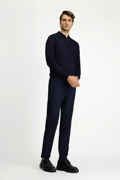 Dark Navy 7 Drop Slim Fit Narrow Cut Lycra Elastic Waist Drawstring Classic Fabric Trousers