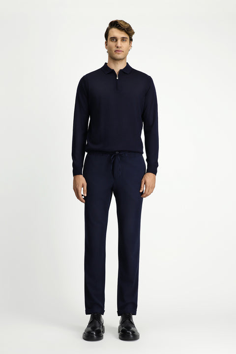 Dark Navy 7 Drop Slim Fit Narrow Cut Lycra Elastic Waist Drawstring Classic Fabric Trousers