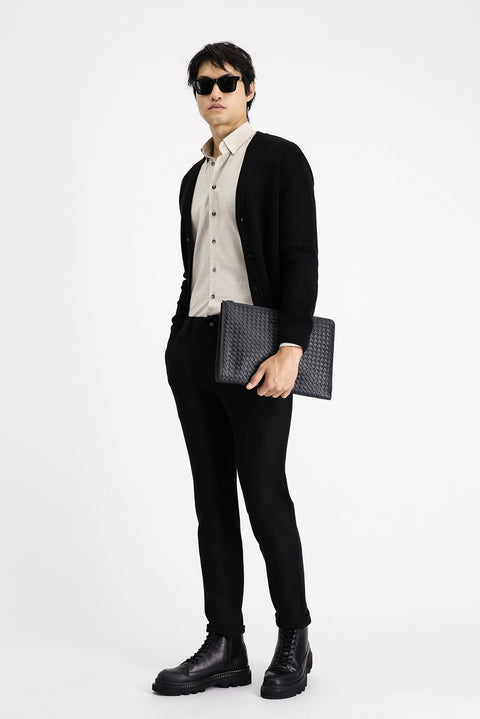 Black 6 Drop Regular Fit Standard Cut Elastic Waist Drawstring Lycra Classic Fabric Trousers