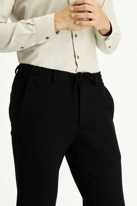 Black 6 Drop Regular Fit Standard Cut Elastic Waist Drawstring Lycra Classic Fabric Trousers