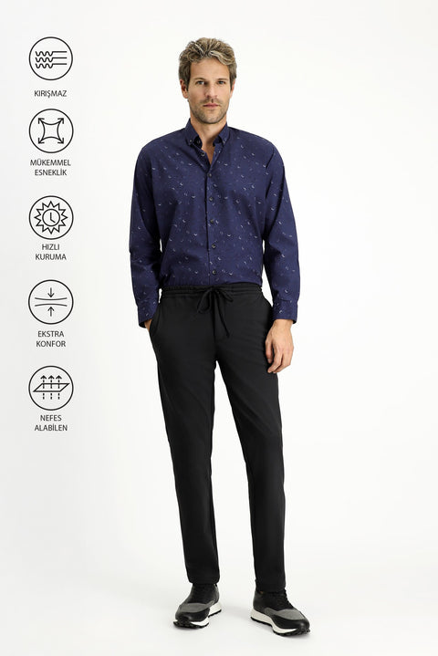 Black Techno-Line 7 Drop Slim Fit Narrow Cut Lycra Elastic Waist Drawstring Classic Fabric Trousers