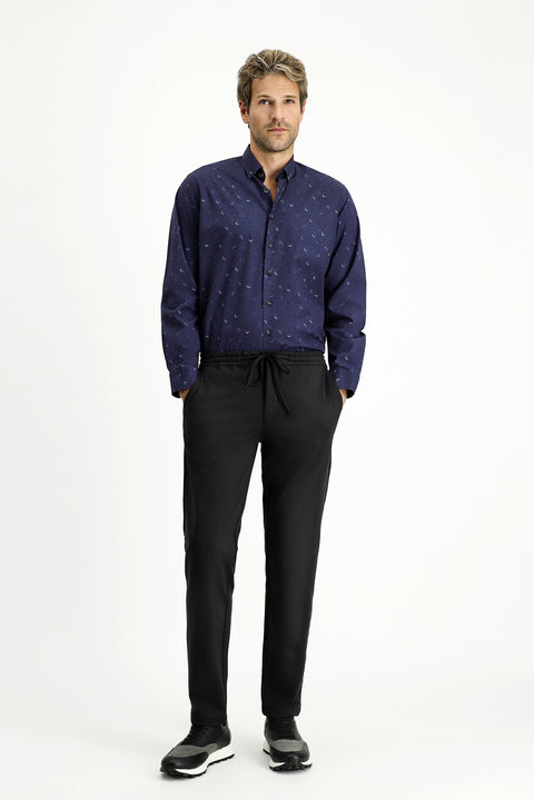Black Techno-Line 7 Drop Slim Fit Narrow Cut Lycra Elastic Waist Drawstring Classic Fabric Trousers