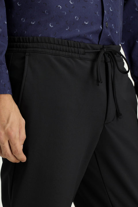 Black Techno-Line 7 Drop Slim Fit Narrow Cut Lycra Elastic Waist Drawstring Classic Fabric Trousers