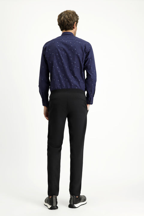 Black Techno-Line 7 Drop Slim Fit Narrow Cut Lycra Elastic Waist Drawstring Classic Fabric Trousers