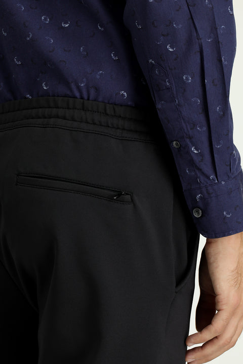Black Techno-Line 7 Drop Slim Fit Narrow Cut Lycra Elastic Waist Drawstring Classic Fabric Trousers