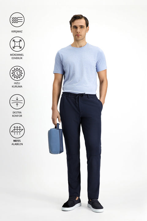 Dark Navy Techno-Line 7 Drop Super Slim Fit Extra Narrow Cut Lycra Elastic Waist Drawstring Classic Fabric Trousers