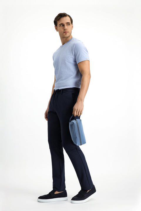 Dark Navy Techno-Line 7 Drop Super Slim Fit Extra Narrow Cut Lycra Elastic Waist Drawstring Classic Fabric Trousers