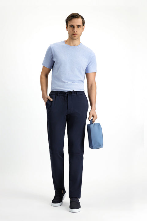 Dark Navy Techno-Line 7 Drop Super Slim Fit Extra Narrow Cut Lycra Elastic Waist Drawstring Classic Fabric Trousers