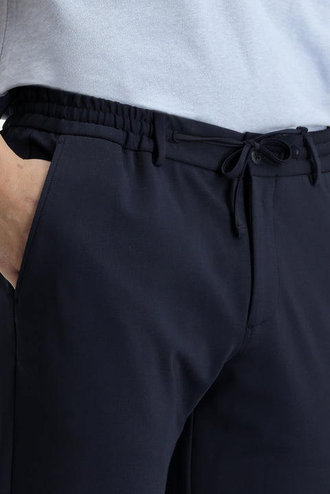 Dark Navy Techno-Line 7 Drop Super Slim Fit Extra Narrow Cut Lycra Elastic Waist Drawstring Classic Fabric Trousers