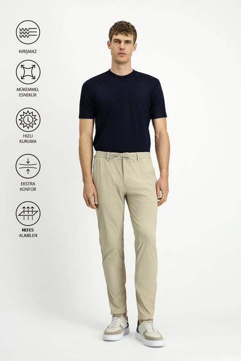 Medium Beige Techno-Line 7 Drop Super Slim Fit Extra Narrow Cut Lycra Elastic Waist Drawstring Classic Fabric Trousers
