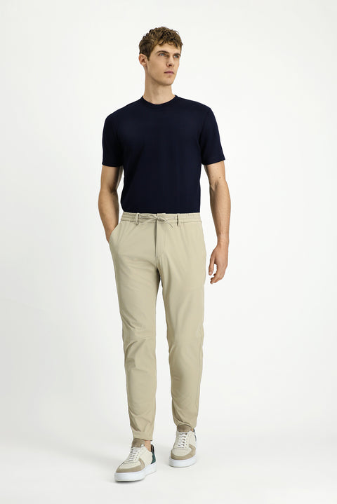 Medium Beige Techno-Line 7 Drop Super Slim Fit Extra Narrow Cut Lycra Elastic Waist Drawstring Classic Fabric Trousers