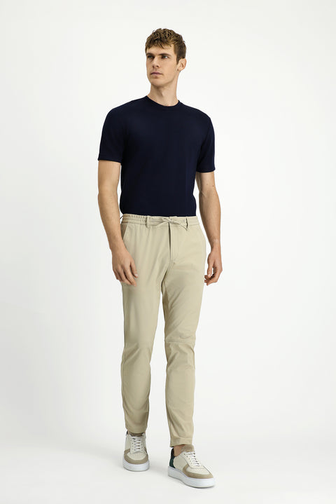 Medium Beige Techno-Line 7 Drop Super Slim Fit Extra Narrow Cut Lycra Elastic Waist Drawstring Classic Fabric Trousers