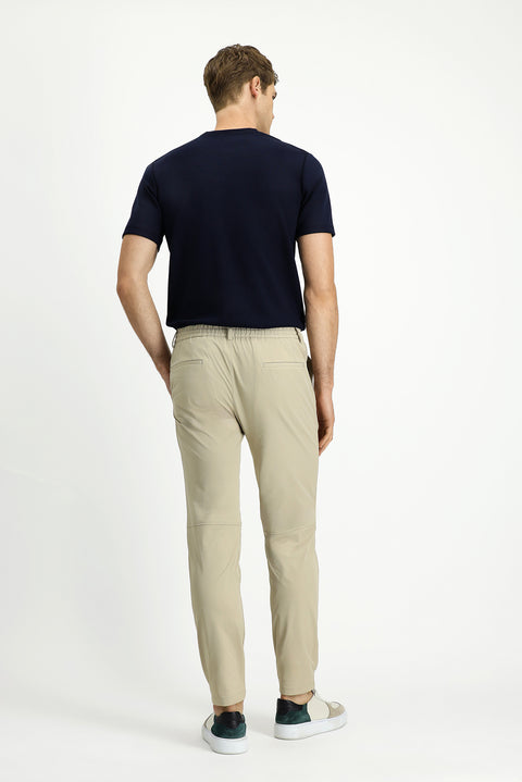 Medium Beige Techno-Line 7 Drop Super Slim Fit Extra Narrow Cut Lycra Elastic Waist Drawstring Classic Fabric Trousers
