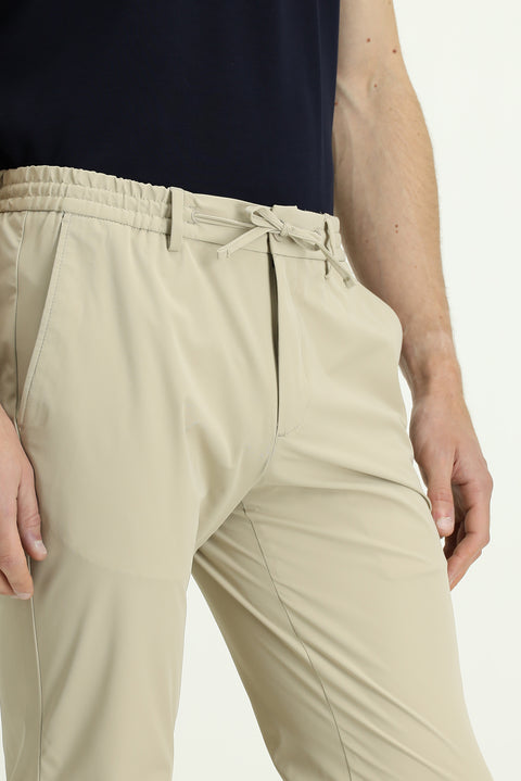 Medium Beige Techno-Line 7 Drop Super Slim Fit Extra Narrow Cut Lycra Elastic Waist Drawstring Classic Fabric Trousers