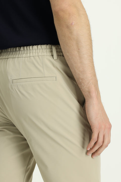 Medium Beige Techno-Line 7 Drop Super Slim Fit Extra Narrow Cut Lycra Elastic Waist Drawstring Classic Fabric Trousers
