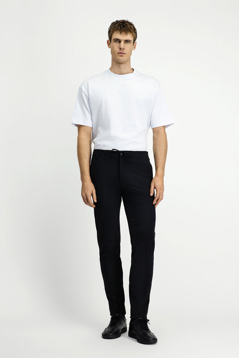 Black 7 Drop Slim Fit Narrow Cut Classic Fabric Trousers with Elastic Waist Drawstring