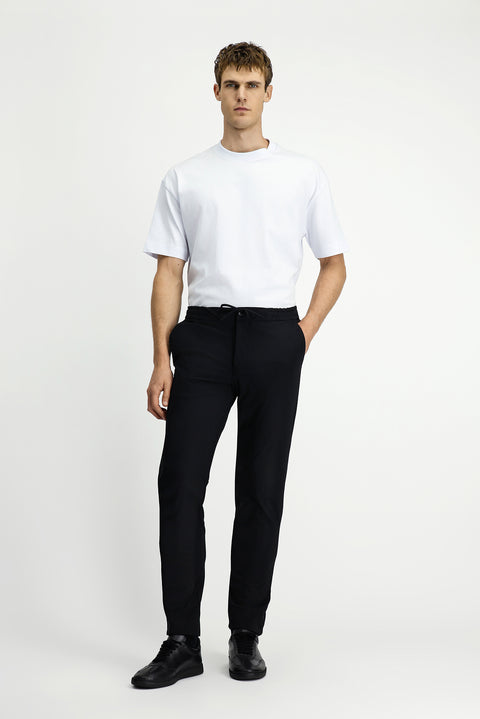 Black 7 Drop Slim Fit Narrow Cut Classic Fabric Trousers with Elastic Waist Drawstring