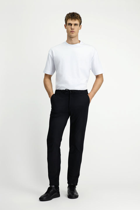 Black 7 Drop Slim Fit Narrow Cut Classic Fabric Trousers with Elastic Waist Drawstring