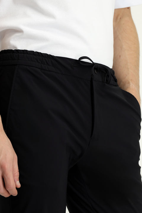 Black 7 Drop Slim Fit Narrow Cut Classic Fabric Trousers with Elastic Waist Drawstring