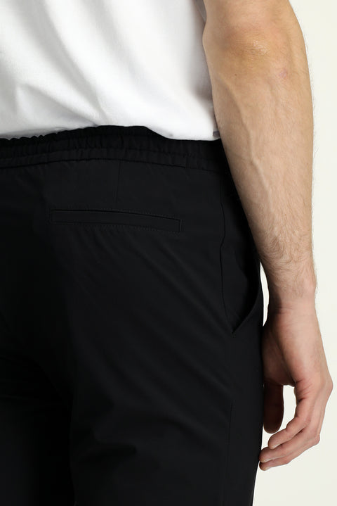 Black 7 Drop Slim Fit Narrow Cut Classic Fabric Trousers with Elastic Waist Drawstring