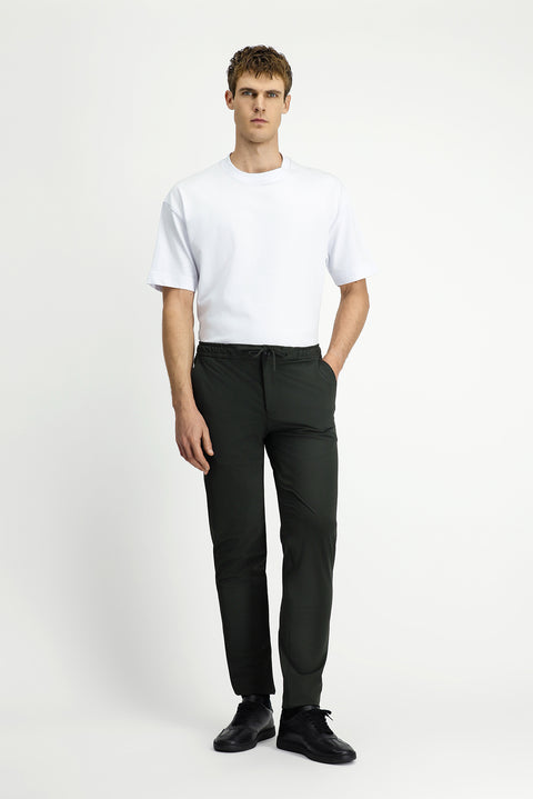 Military Khaki 7 Drop Slim Fit Narrow Cut Classic Fabric Trousers with Elastic Waist Drawstring