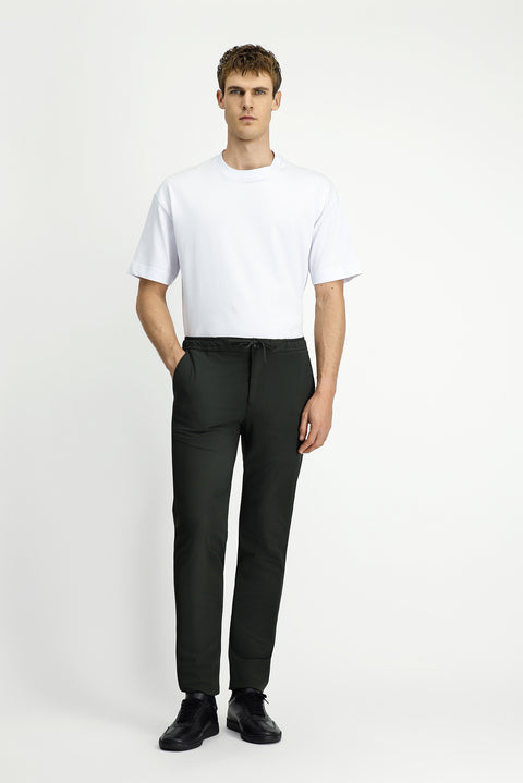 Military Khaki 7 Drop Slim Fit Narrow Cut Classic Fabric Trousers with Elastic Waist Drawstring