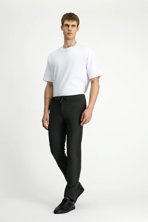 Military Khaki 7 Drop Slim Fit Narrow Cut Classic Fabric Trousers with Elastic Waist Drawstring