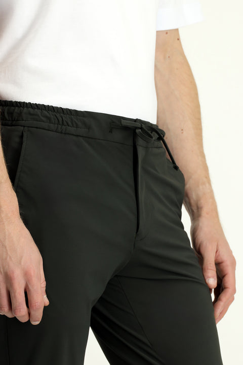 Military Khaki 7 Drop Slim Fit Narrow Cut Classic Fabric Trousers with Elastic Waist Drawstring