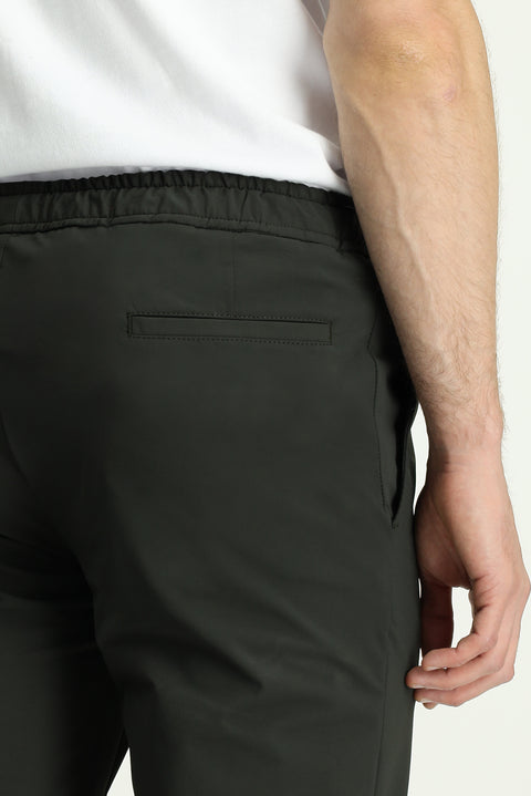 Military Khaki 7 Drop Slim Fit Narrow Cut Classic Fabric Trousers with Elastic Waist Drawstring
