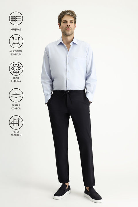 Dark Navy Techno-Line 7 Drop Super Slim Fit Extra Narrow Cut Elastic Waist Drawstring Lycra Classic Fabric Trousers