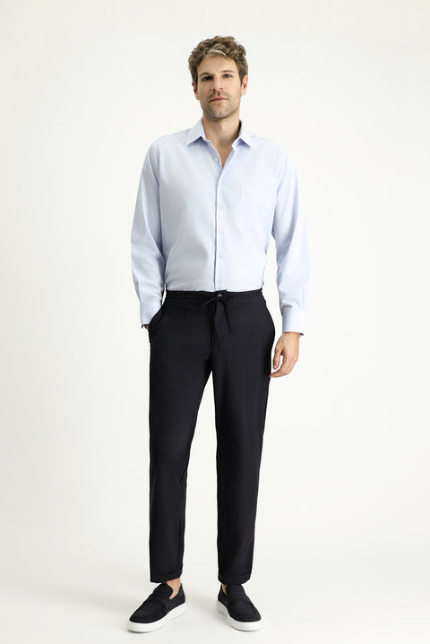 Dark Navy Techno-Line 7 Drop Super Slim Fit Extra Narrow Cut Elastic Waist Drawstring Lycra Classic Fabric Trousers