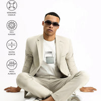 Light Beige Techno-Line 7 Drop Super Slim Fit Extra Narrow Cut Elastic Waist Drawstring Lycra Classic Fabric Trousers