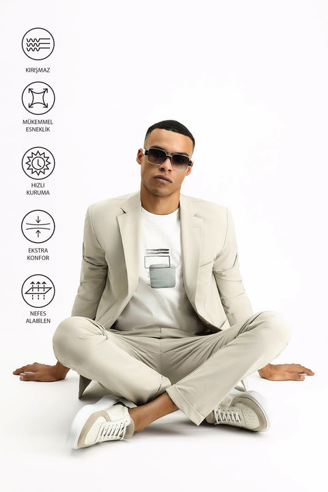 Light Beige Techno-Line 7 Drop Super Slim Fit Extra Narrow Cut Elastic Waist Drawstring Lycra Classic Fabric Trousers