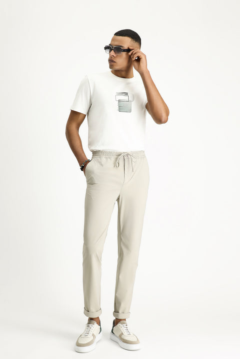 Light Beige Techno-Line 7 Drop Super Slim Fit Extra Narrow Cut Elastic Waist Drawstring Lycra Classic Fabric Trousers