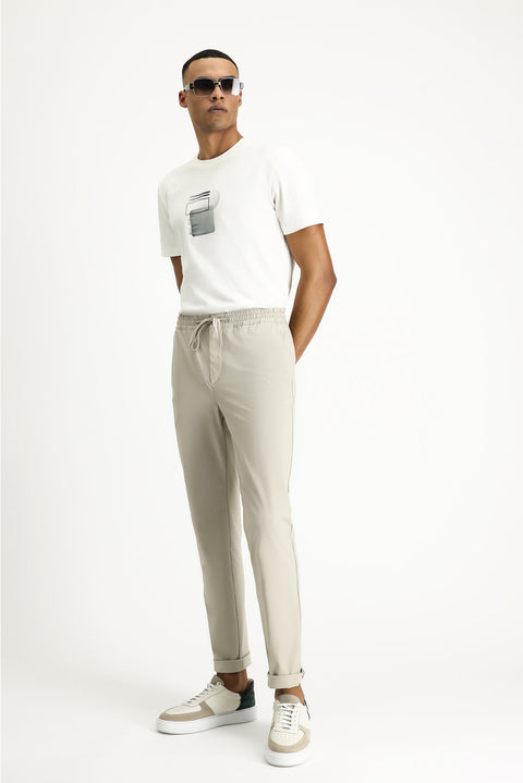 Light Beige Techno-Line 7 Drop Super Slim Fit Extra Narrow Cut Elastic Waist Drawstring Lycra Classic Fabric Trousers