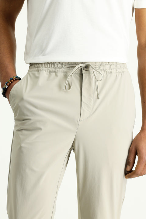 Light Beige Techno-Line 7 Drop Super Slim Fit Extra Narrow Cut Elastic Waist Drawstring Lycra Classic Fabric Trousers