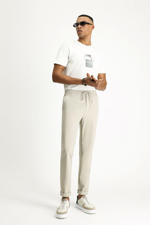 Light Beige Techno-Line 7 Drop Super Slim Fit Extra Narrow Cut Elastic Waist Drawstring Lycra Classic Fabric Trousers