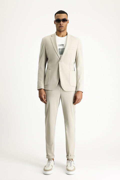 Light Beige Techno-Line 7 Drop Super Slim Fit Extra Narrow Cut Elastic Waist Drawstring Lycra Classic Fabric Trousers